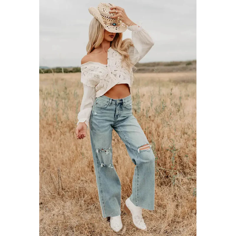 Romero Mid Rise Ripped Judy Blue Wide Leg Jeans Light - AngraBech