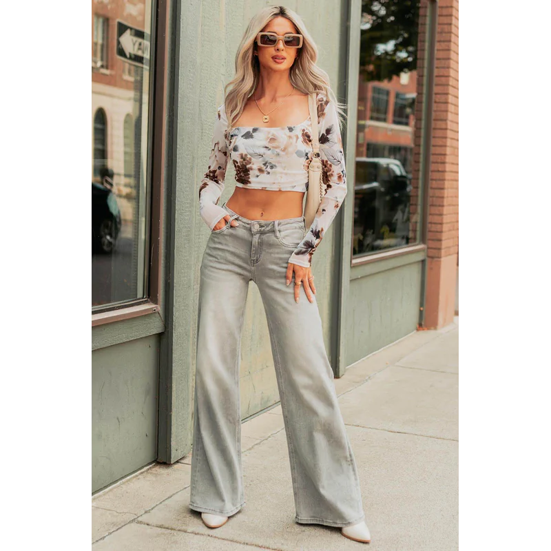 Cecily Mid Rise Wide Leg Mica Denim Jeans Grey - AngraBech