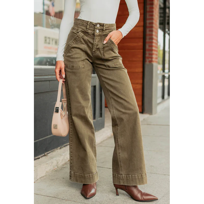Henley Wide Leg Mica Denim Jeans Fern Green - AngraBech