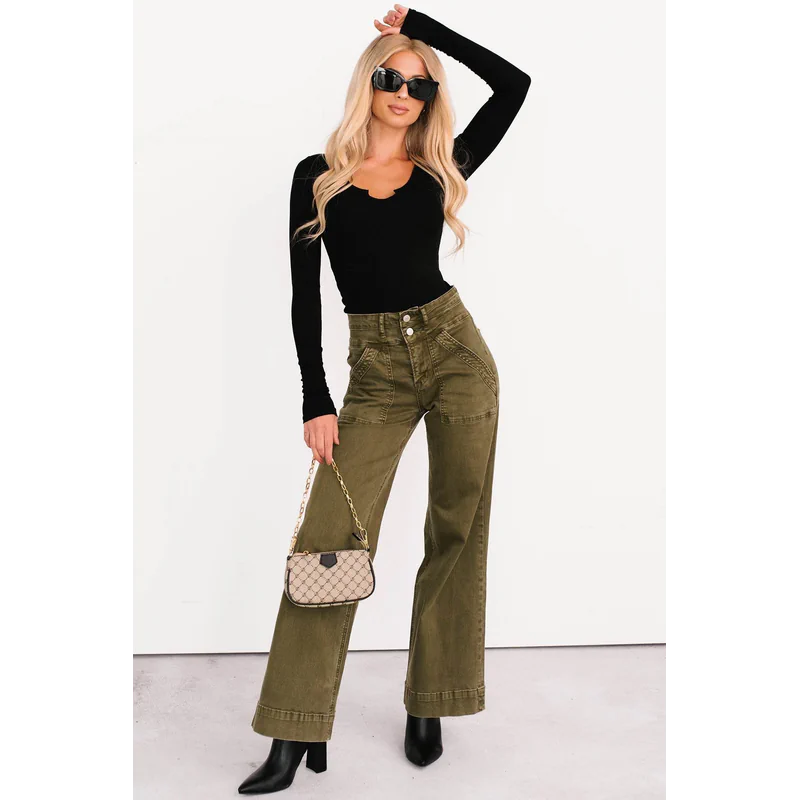 Henley Wide Leg Mica Denim Jeans Fern Green - AngraBech