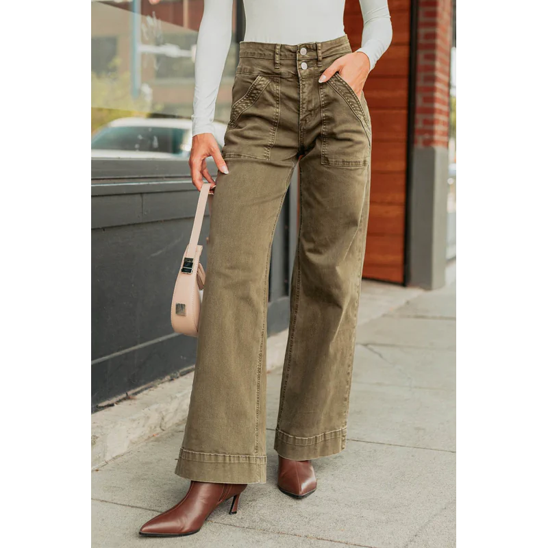 Henley Wide Leg Mica Denim Jeans Fern Green - AngraBech