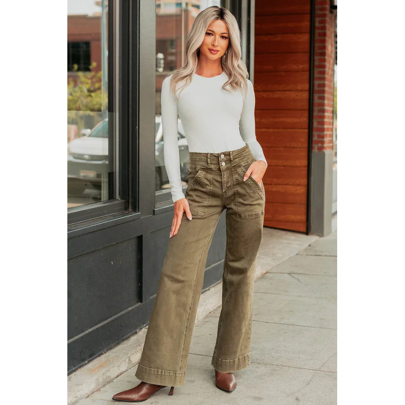 Henley Wide Leg Mica Denim Jeans Fern Green - AngraBech