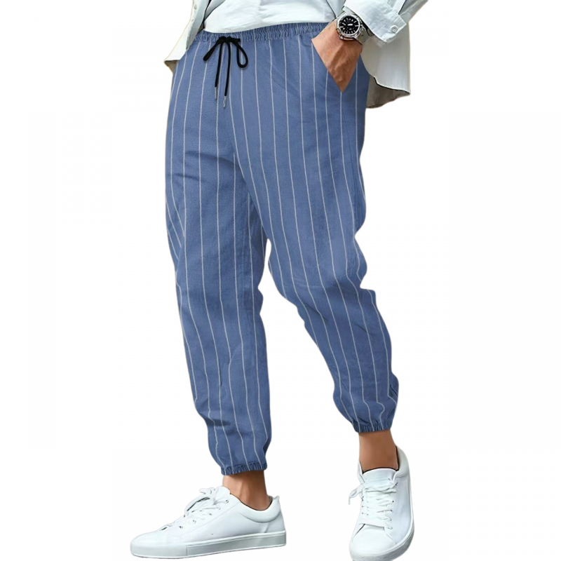 Mens Casual Breaable Cotton Linen Striped Elastic Waist Loose Cuff Pants Mta0758g3m