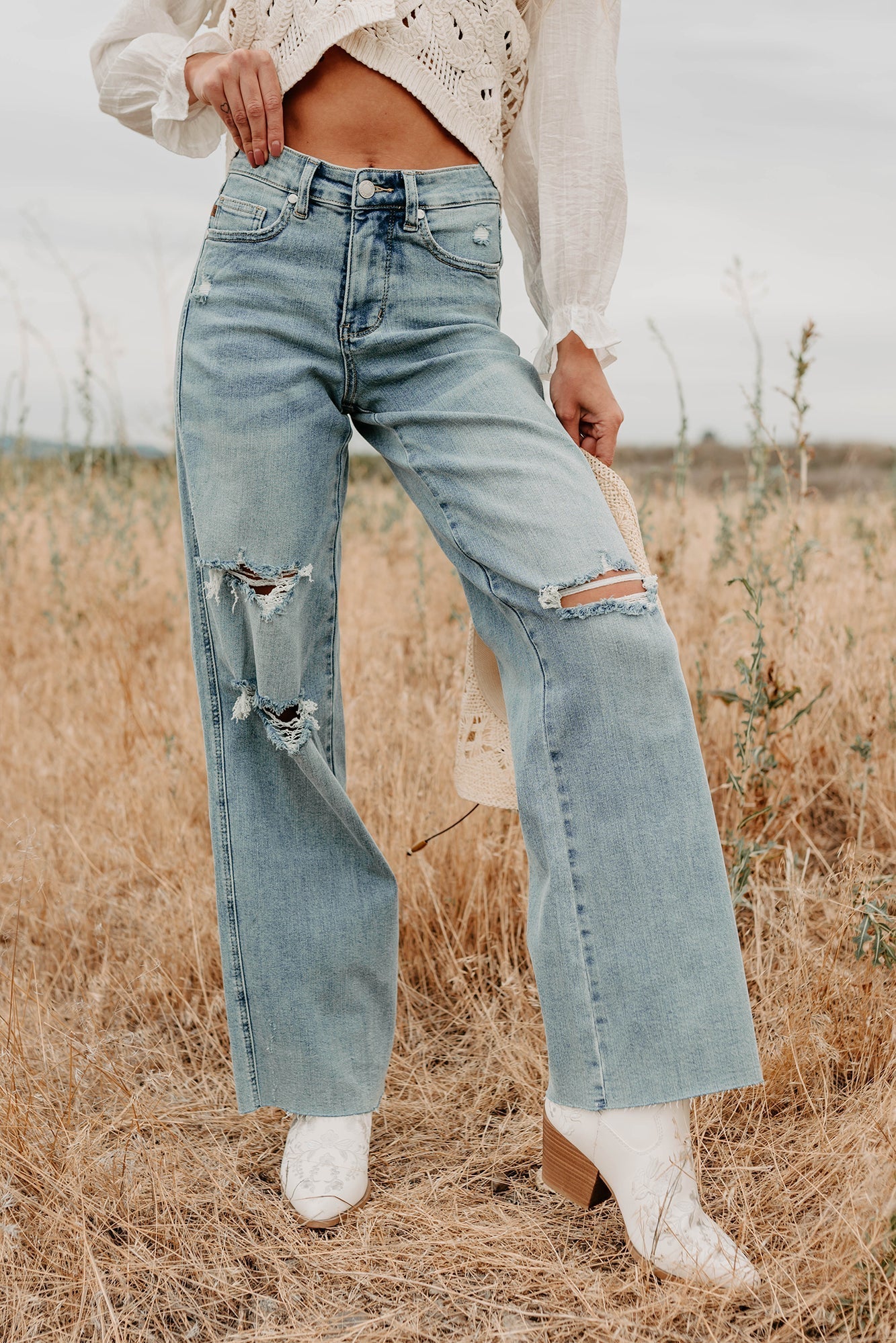 Romero Mid Rise Ripped Judy Blue Wide Leg Jeans (Light) - NanaMacs