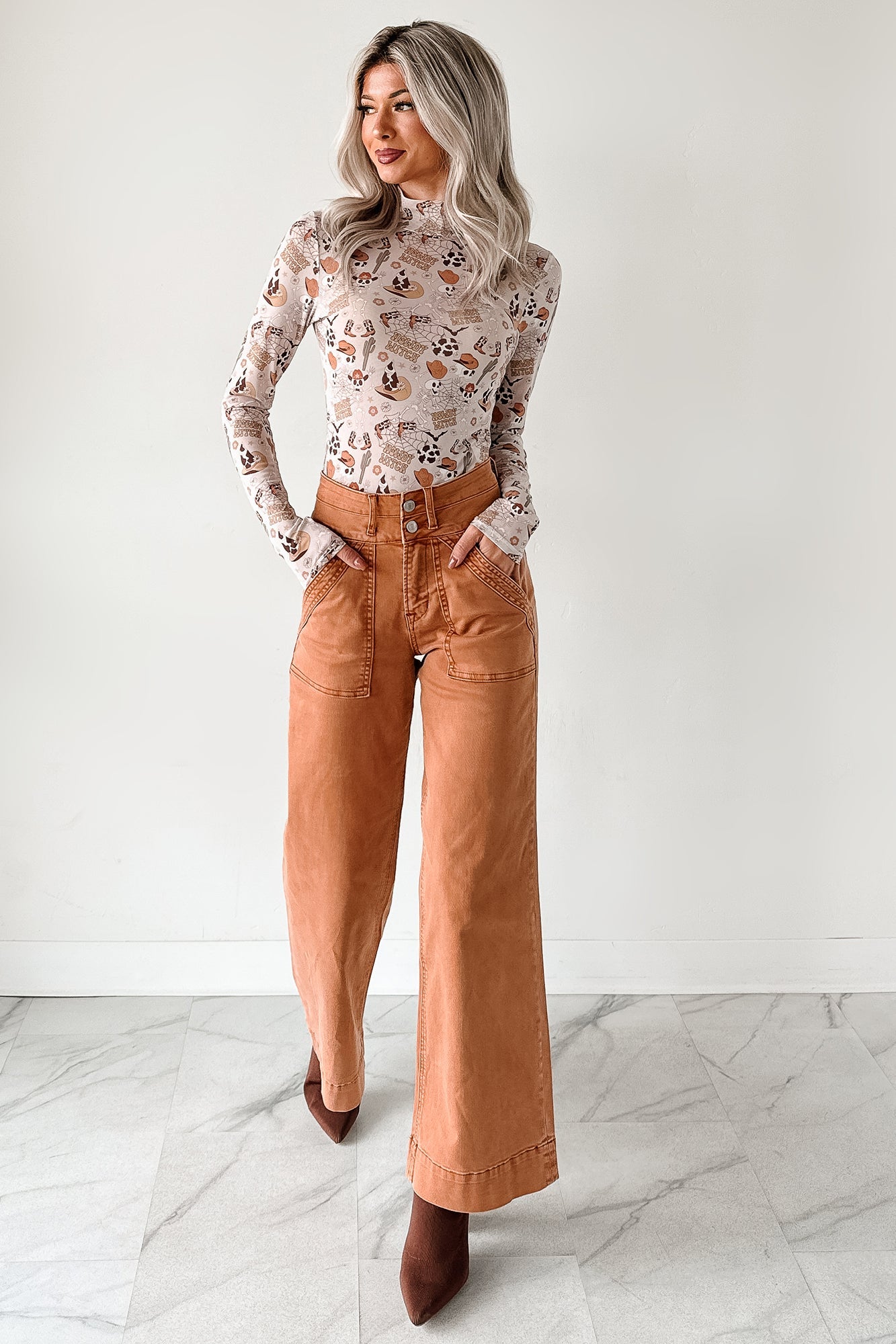 Henley Wide Leg Mica Denim Jeans (Cinnamon) - NanaMacs
