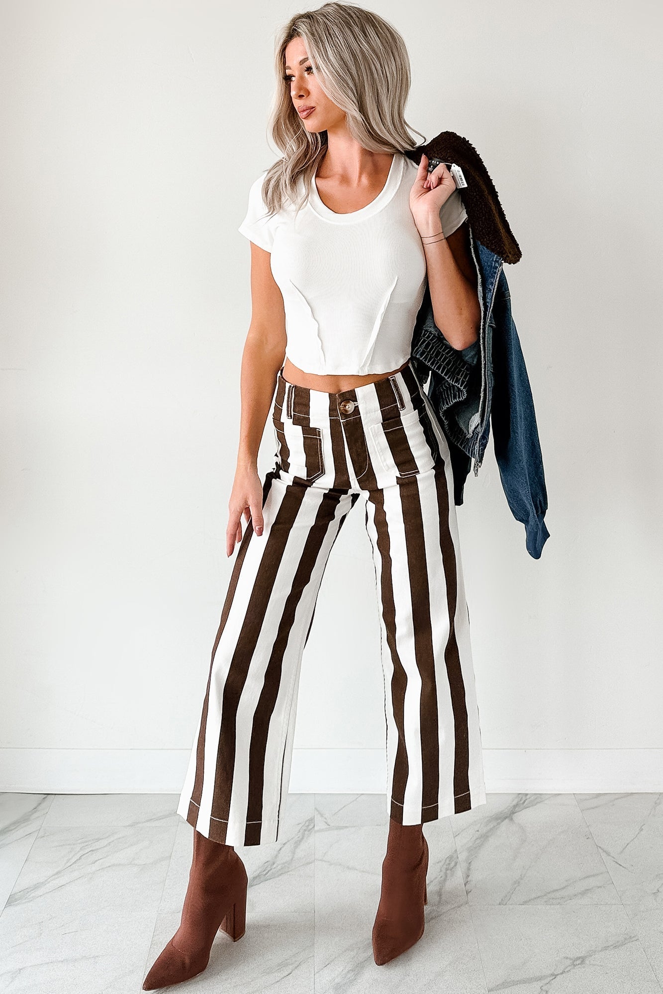 Julia Wide Leg Mica Denim Crop Jeans (Earth Brown/White) - Ships By 10/9 - NanaMacs