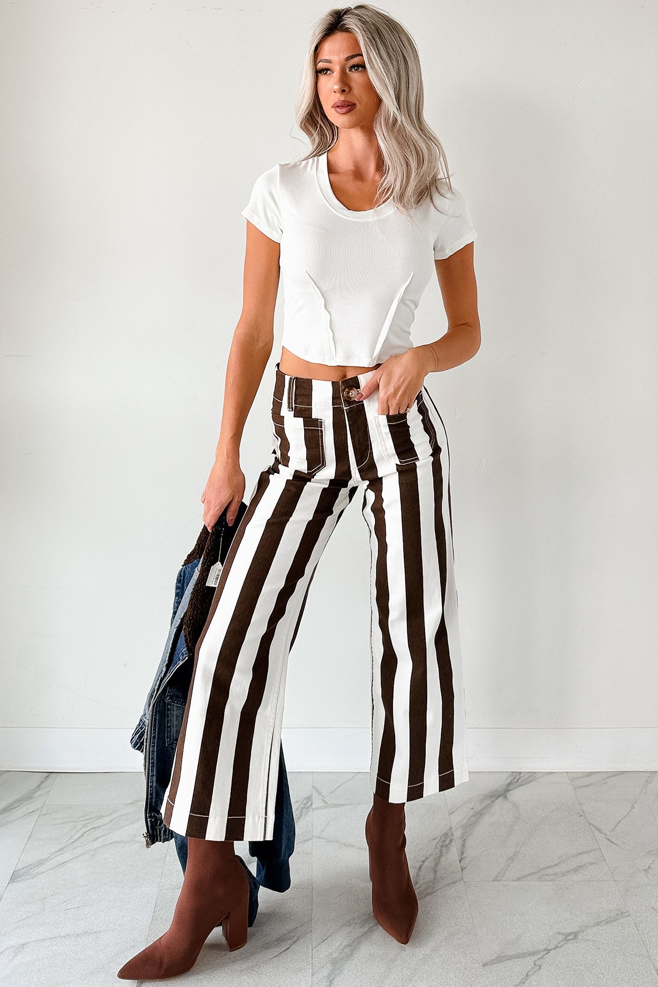 Julia Wide Leg Mica Denim Crop Jeans (Earth Brown/White) - Ships By 10/9 - NanaMacs