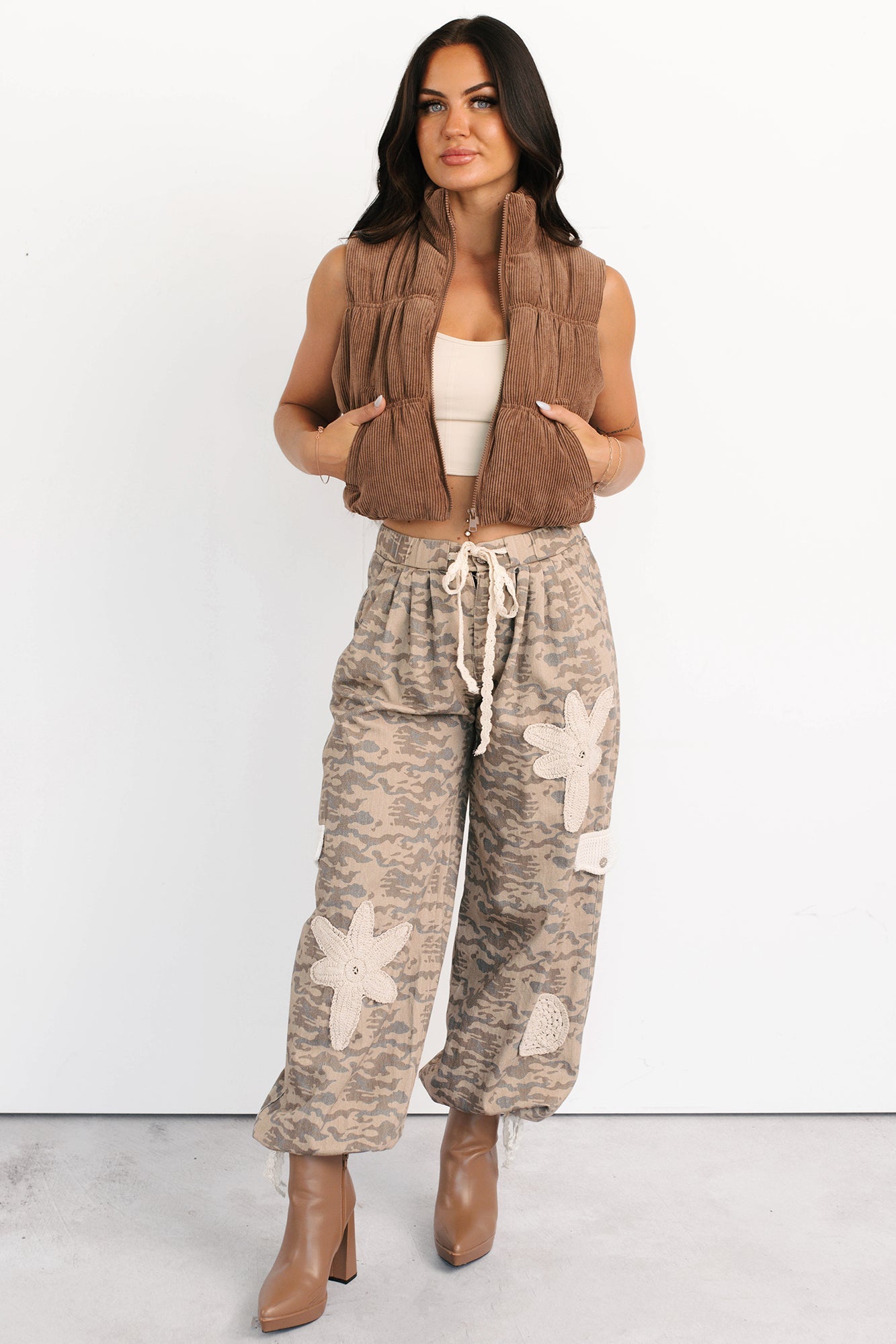 Sun Comes Up POL Drawstring Denim Joggers (Beige Camo) - NanaMacs