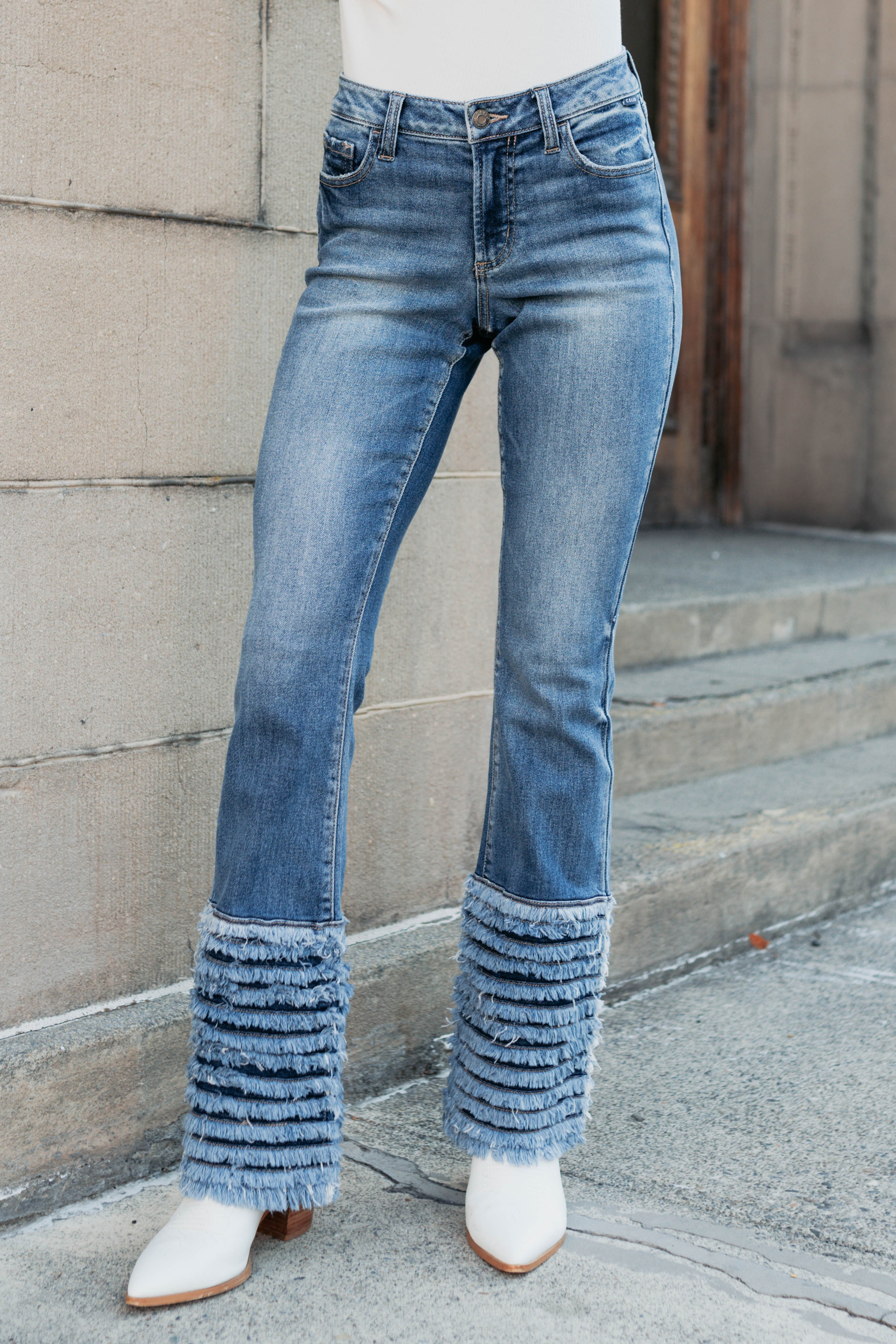 Vera Mid Rise Frayed Hem Cello Flare Jeans (Medium) - NanaMacs