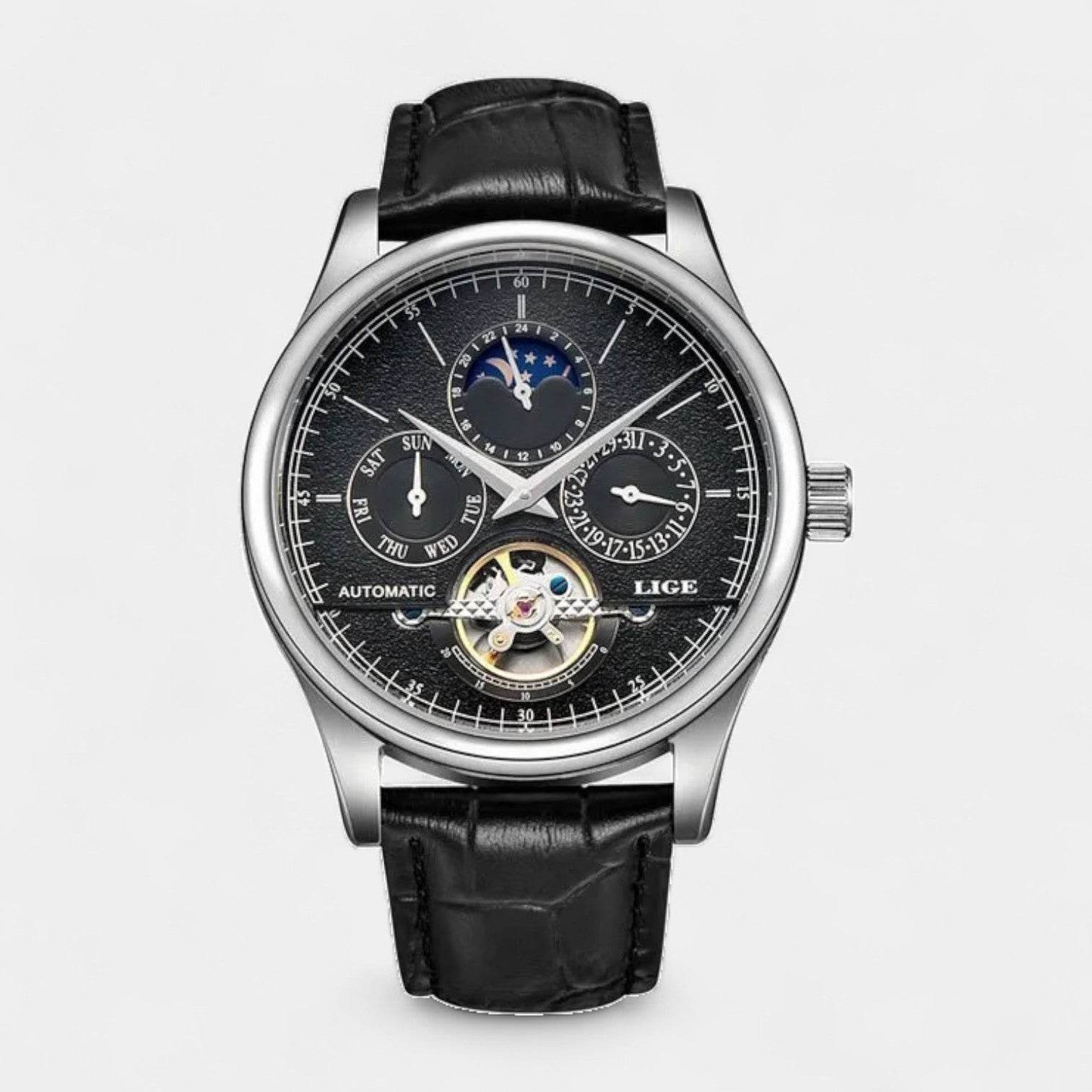 Vintares Men S Mechanical Moonphase Watch Wi Complete Calendar Brown Leaer Strap - AngraBech