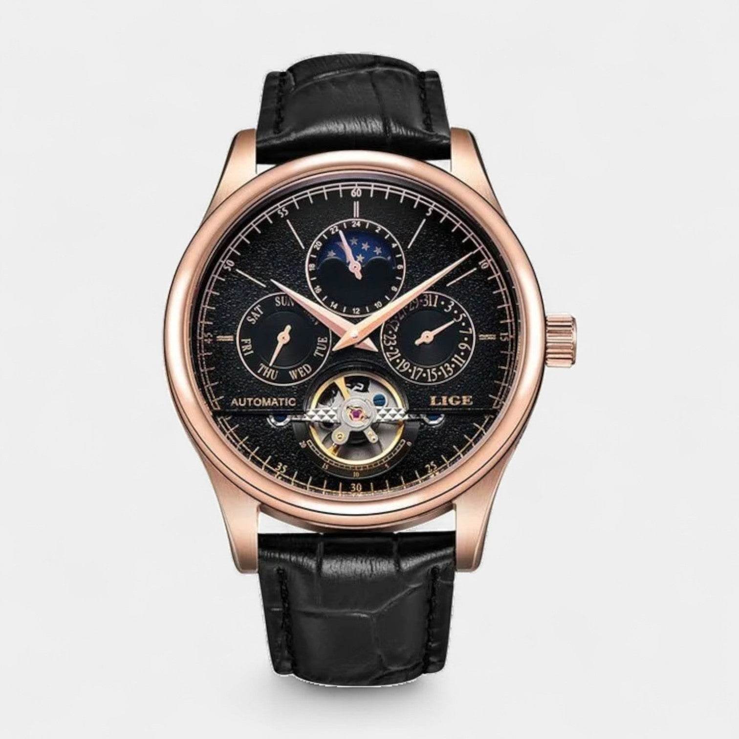 Vintares Men S Mechanical Moonphase Watch Wi Complete Calendar Brown Leaer Strap - AngraBech