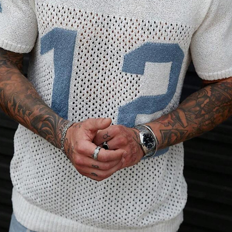 Mens Sport Lettering Jacquard Crew Ne Short Sleeve Sweater Mta1856c1x