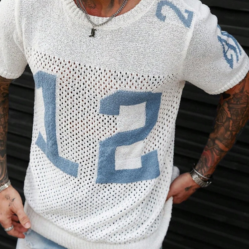 Mens Sport Lettering Jacquard Crew Ne Short Sleeve Sweater Mta1856c1x