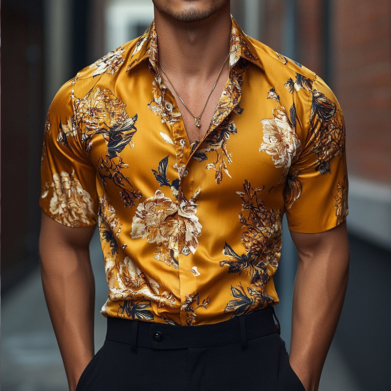 Mens Retro Casual Printed Floral Lapel Short Sleeve Shirt Mta1484d6to