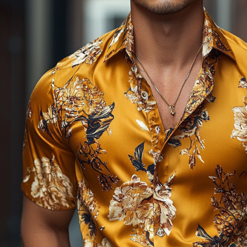 Mens Retro Casual Printed Floral Lapel Short Sleeve Shirt Mta1484d6to
