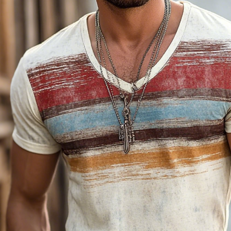 Mens Retro Casual Shabby Striped Printed V Ne Short Sleeve T Shirt Mta2517d8to