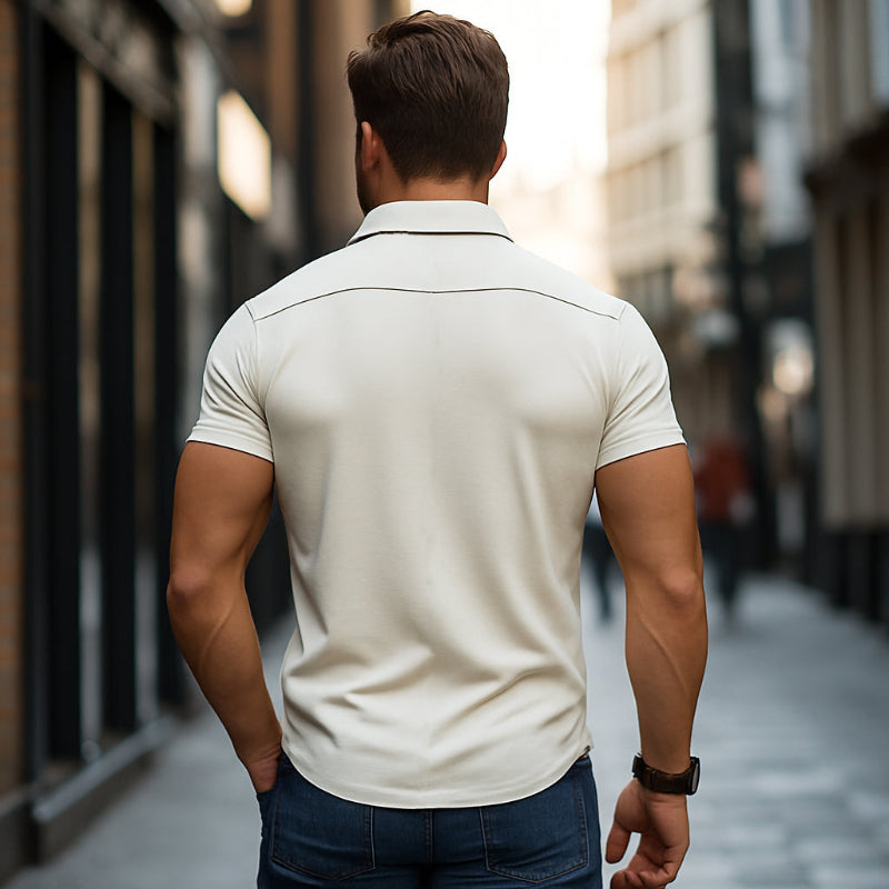 Mens Casual Premium Cotton Contrast Trim Lapel Single Breasted Slim Fit Short Sleeve Shirt Mta0842e7m