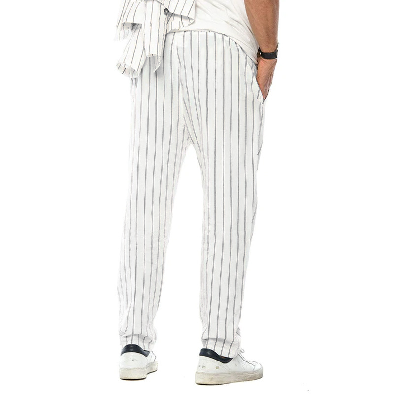 Mens Vertical Striped Cotton And Linen Straight Loose Trendy Casual Trousers 38653954z