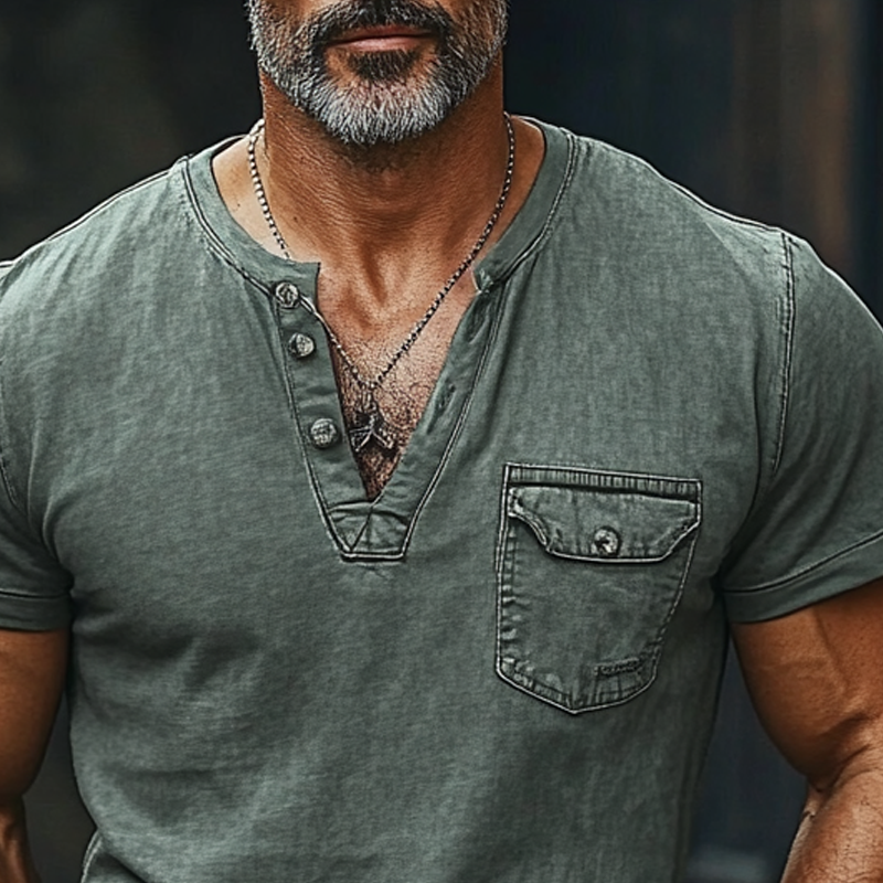 Mens Washed Poet Solid Color Short Sleeve Denim Henley T Shirt Mta1074f2x