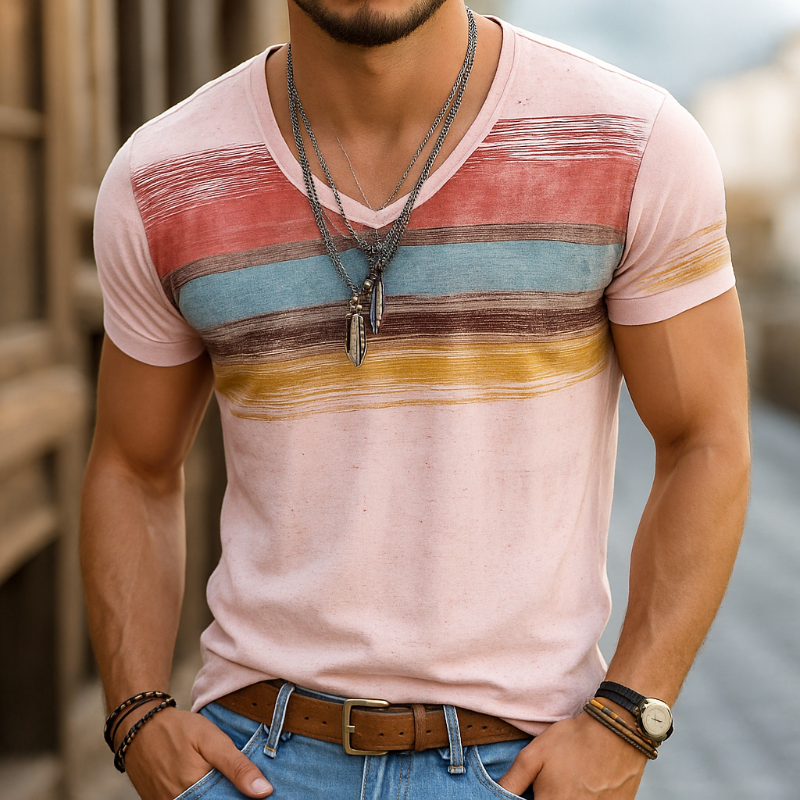 Mens Retro Casual Shabby Striped Printed V Ne Short Sleeve T Shirt Mta2517d8to