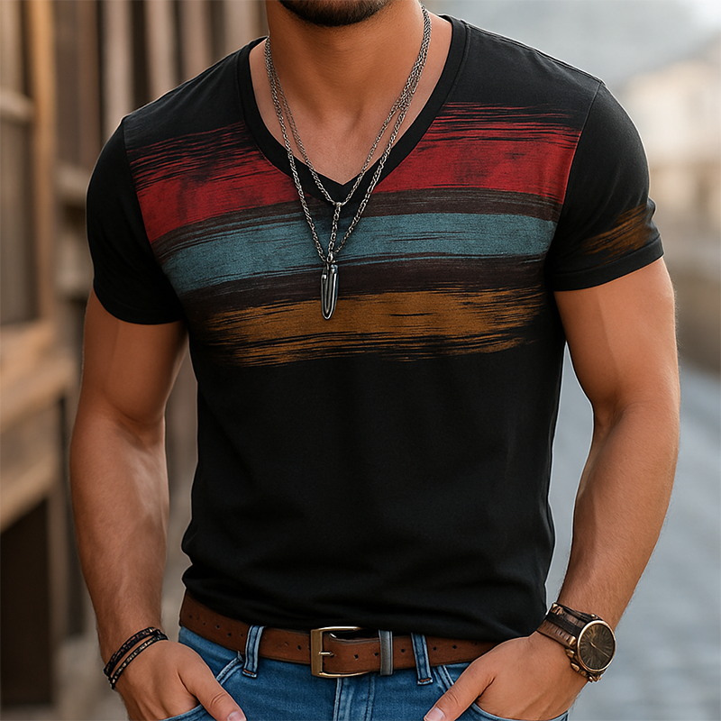 Mens Retro Casual Shabby Striped Printed V Ne Short Sleeve T Shirt Mta2517d8to