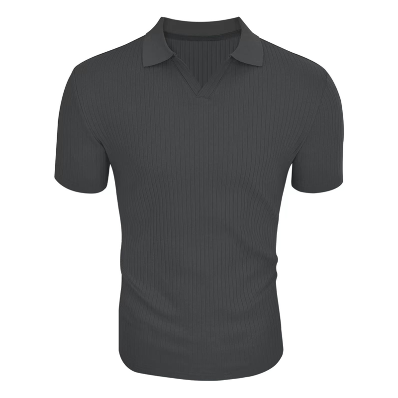 Mens Solid Striped Lapel Short Sleeve Polo Shirt 66319205z