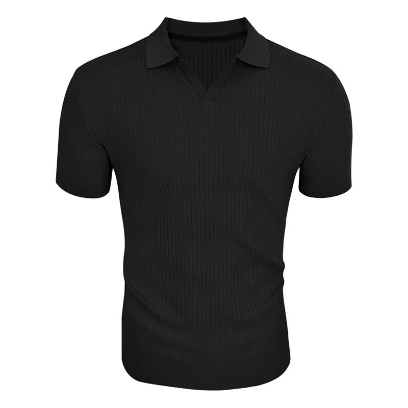 Mens Solid Striped Lapel Short Sleeve Polo Shirt 66319205z