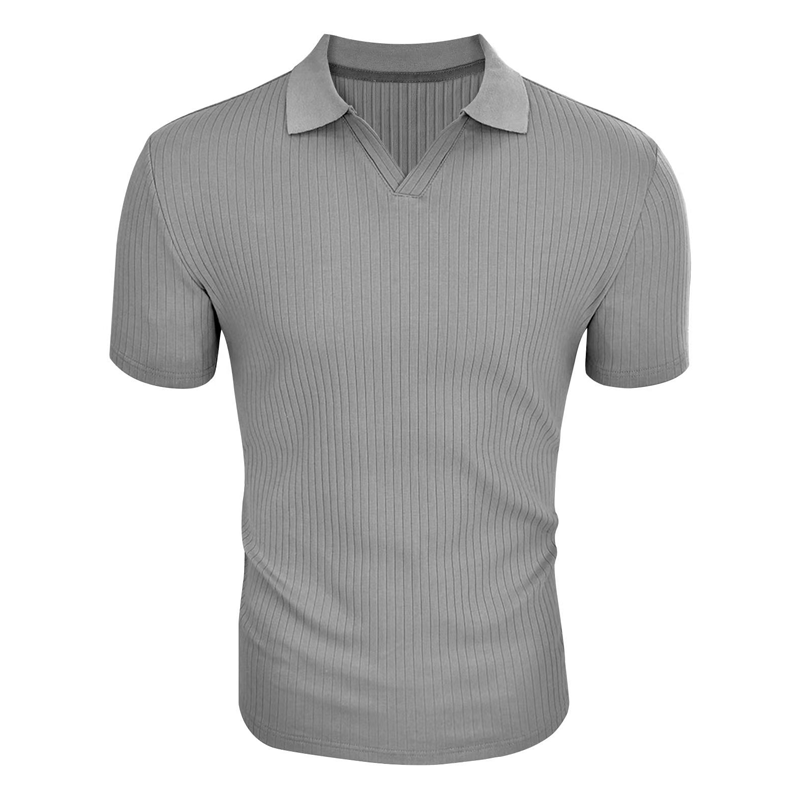 Mens Solid Striped Lapel Short Sleeve Polo Shirt 66319205z