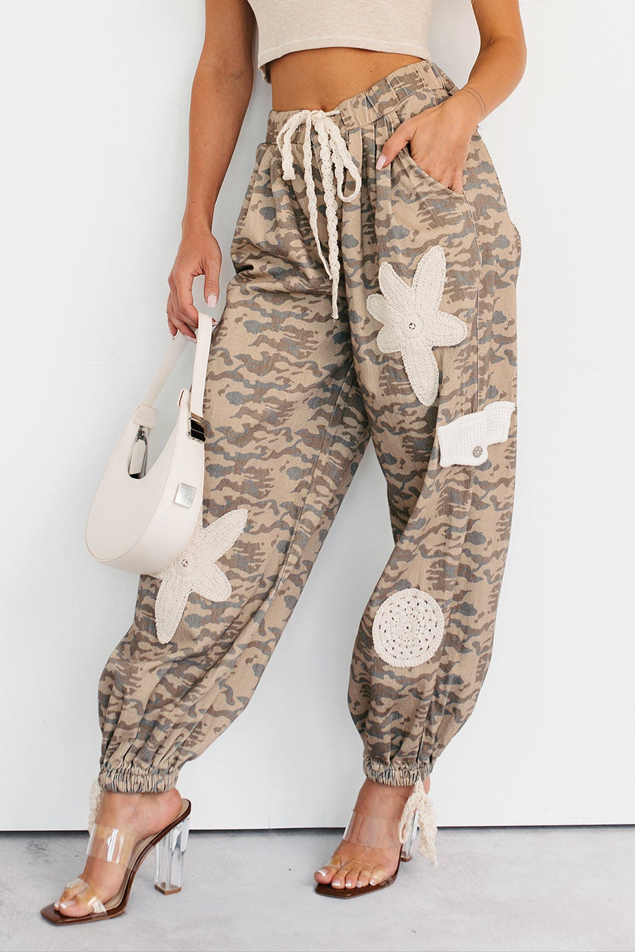 Sun Comes Up POL Drawstring Denim Joggers (Beige Camo) - NanaMacs
