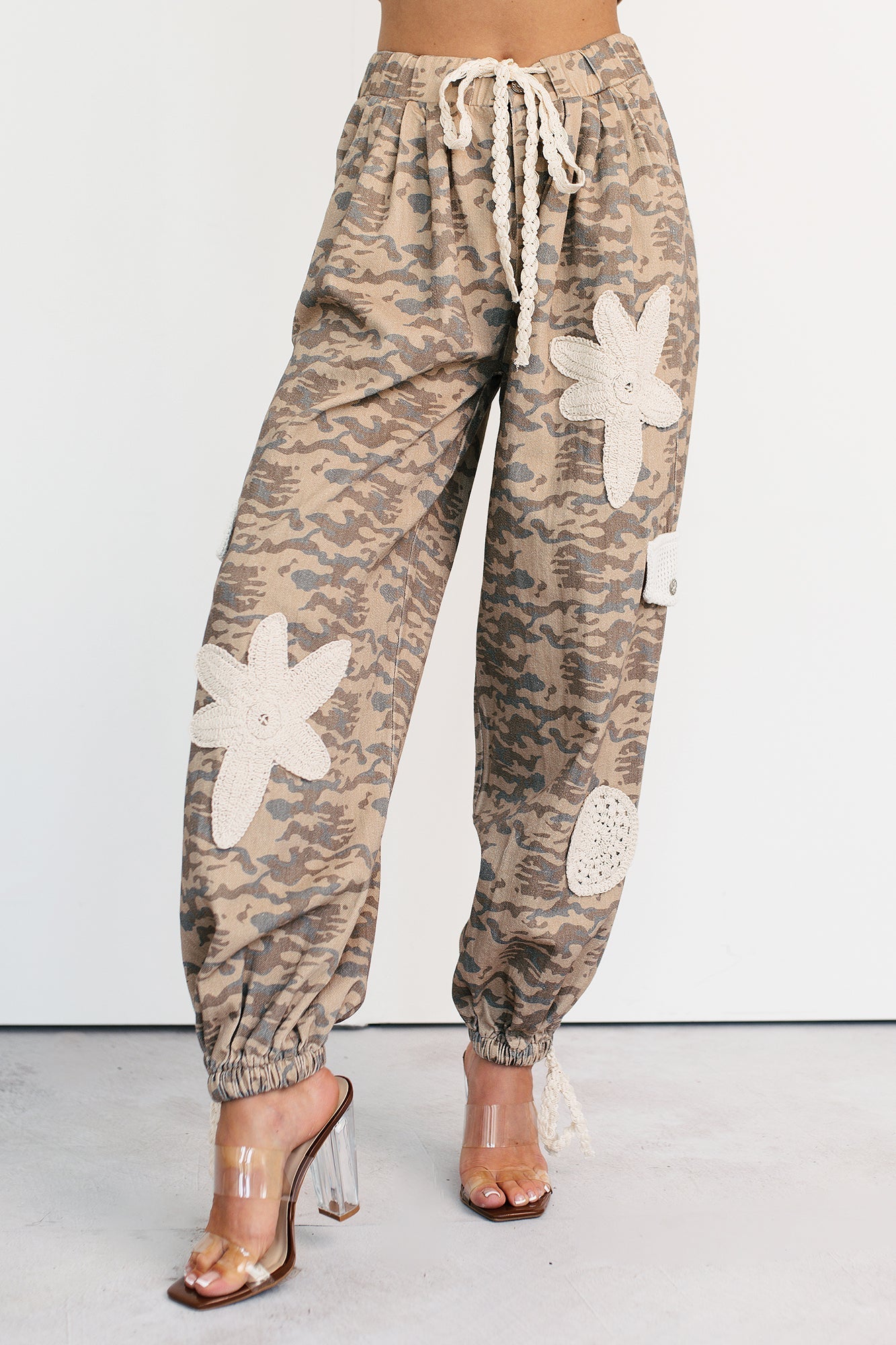 Sun Comes Up POL Drawstring Denim Joggers (Beige Camo) - NanaMacs