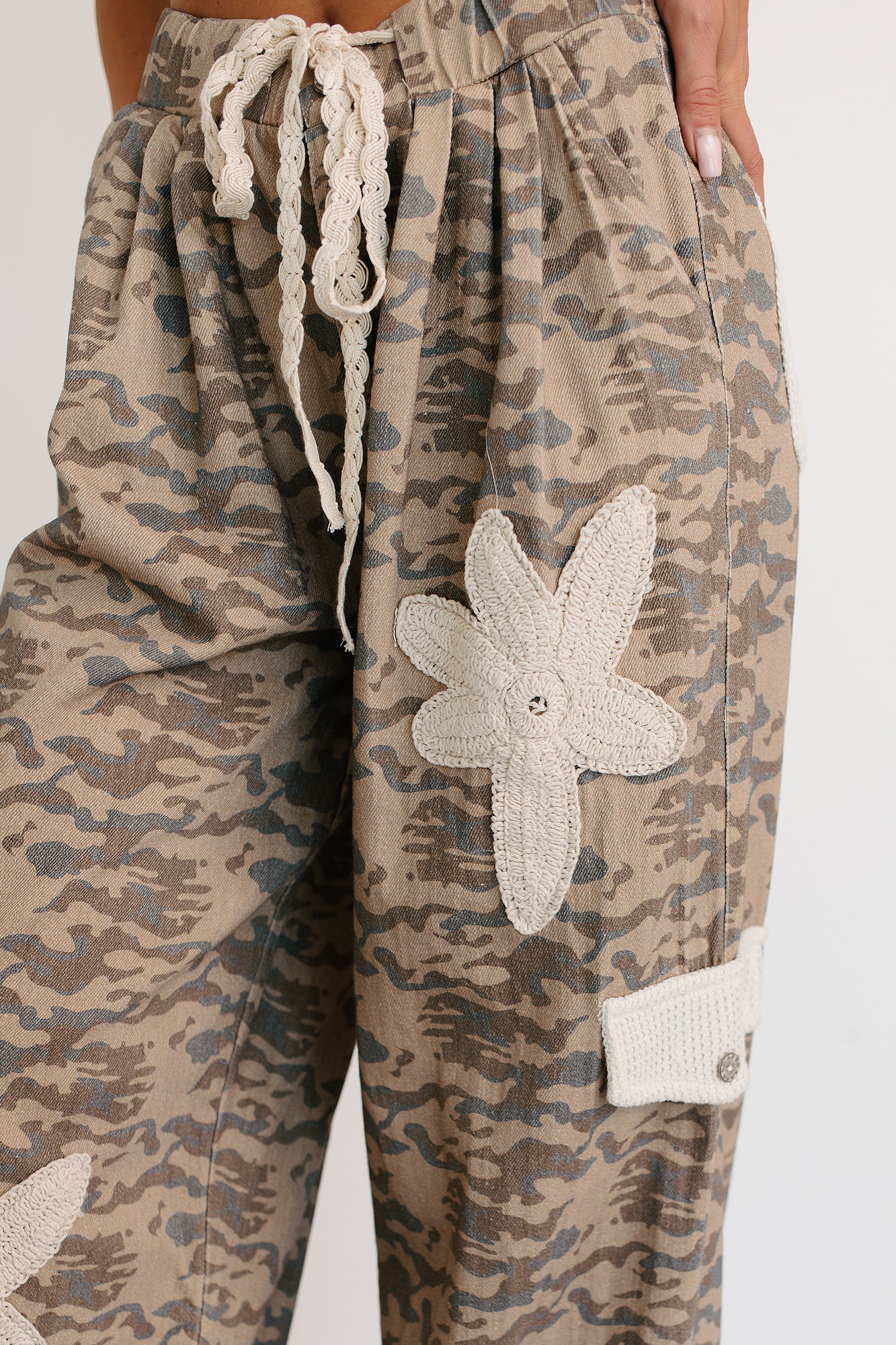 Sun Comes Up POL Drawstring Denim Joggers (Beige Camo) - NanaMacs