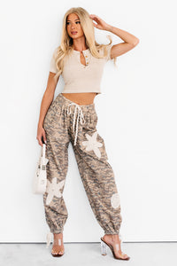 Sun Comes Up POL Drawstring Denim Joggers (Beige Camo) - NanaMacs