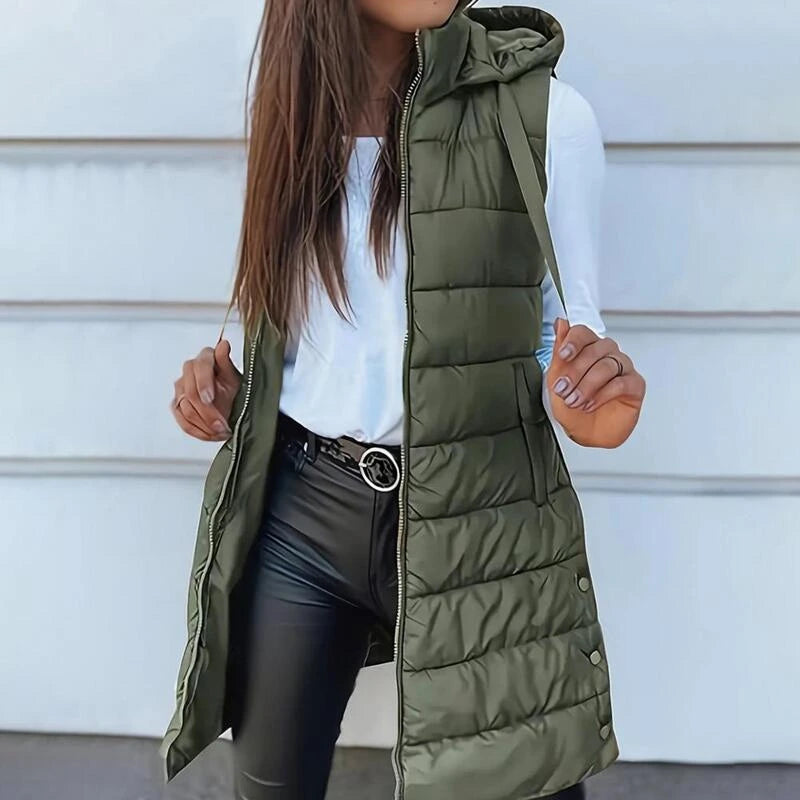 ❄️ Women Long Puffer Vest 👗 | Solid Color | Sleeveless | Hooded | Winter Wear (Liquidation)