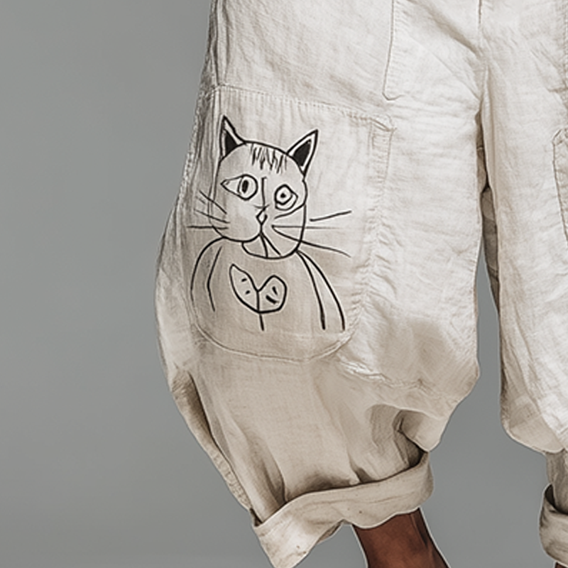 Mens Summer Fashion Cat Print Cotton And Linen Bloomers Mta2004f6p