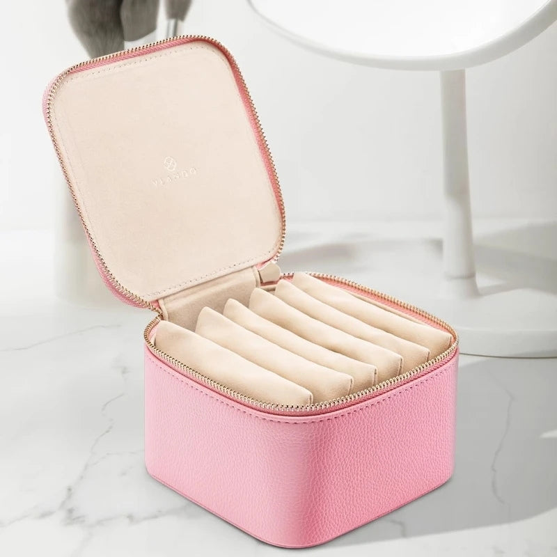 Women Travel Jewelry Box Wi 6 Velvet Zippered Poets Earring Nelace Ring Storage Box Genuine Leaer Simple Jewelry Case