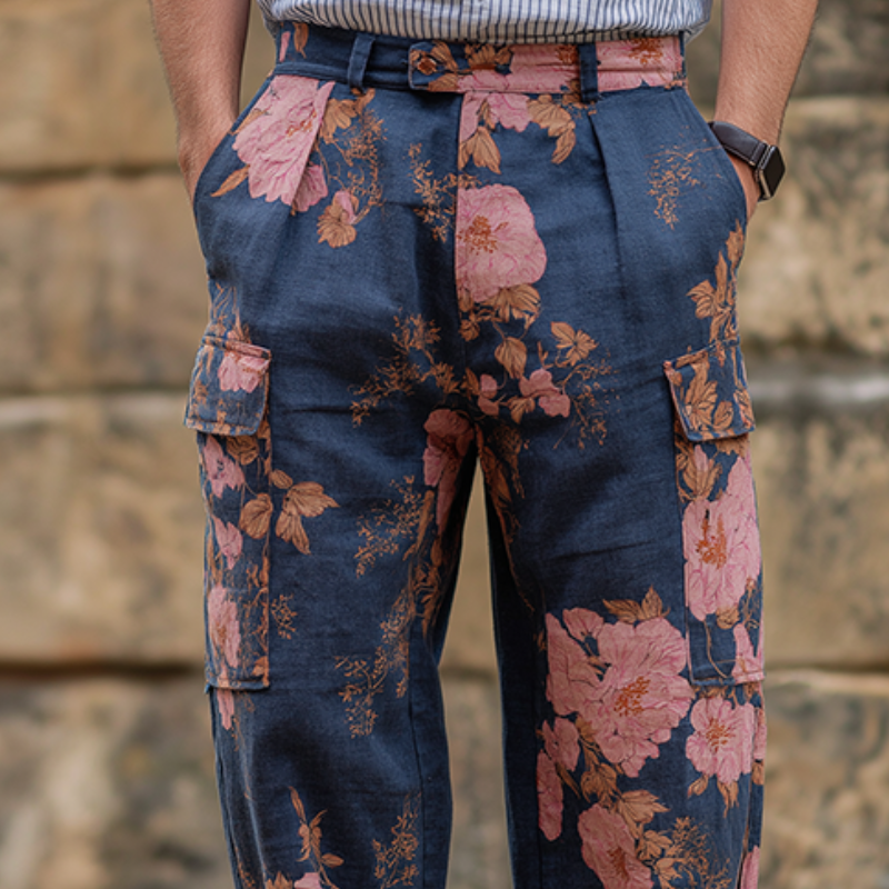 Mens Vintage Casual Large Floral Print Poet Pants Mta3162g7to