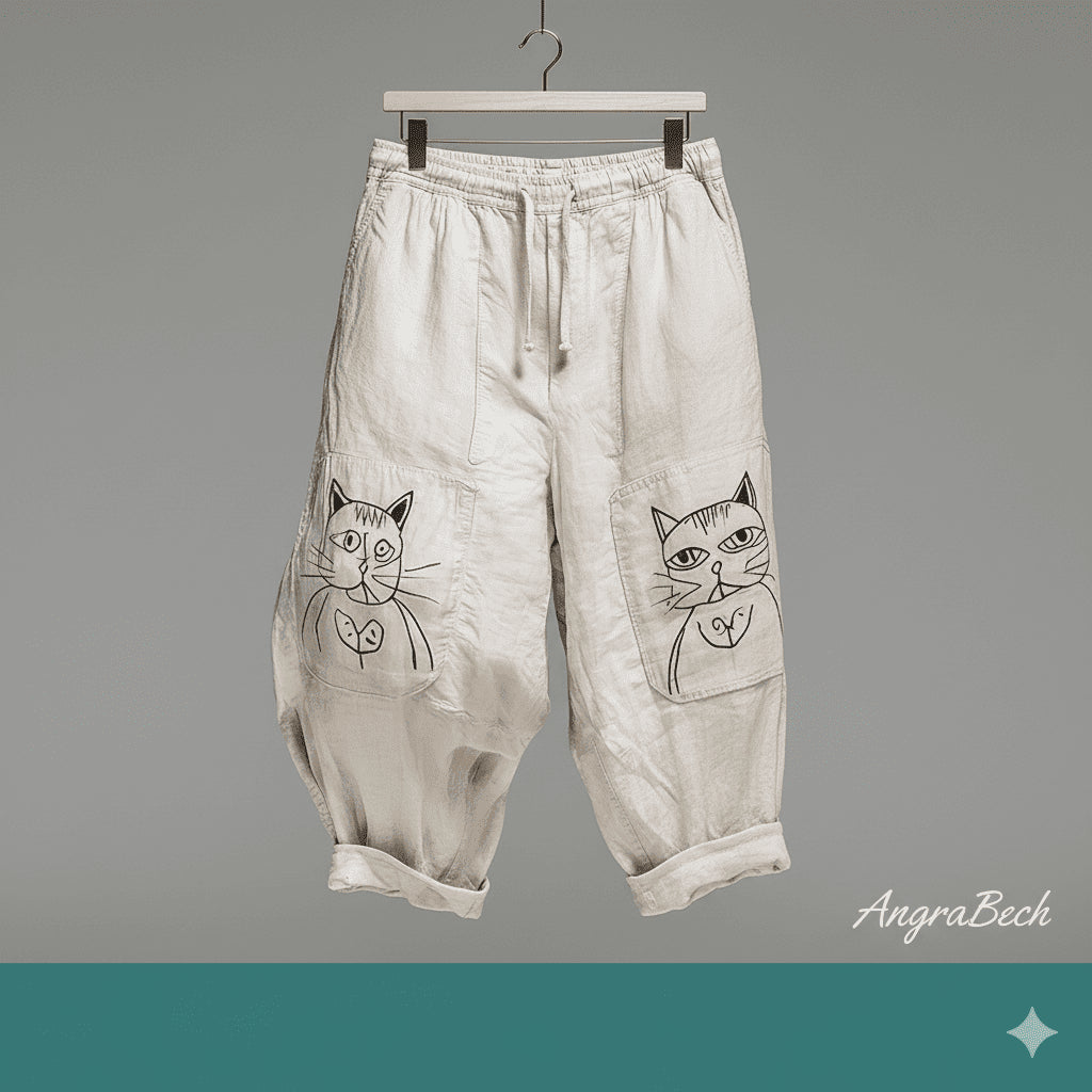 Mens Summer Fashion Cat Print Cotton And Linen