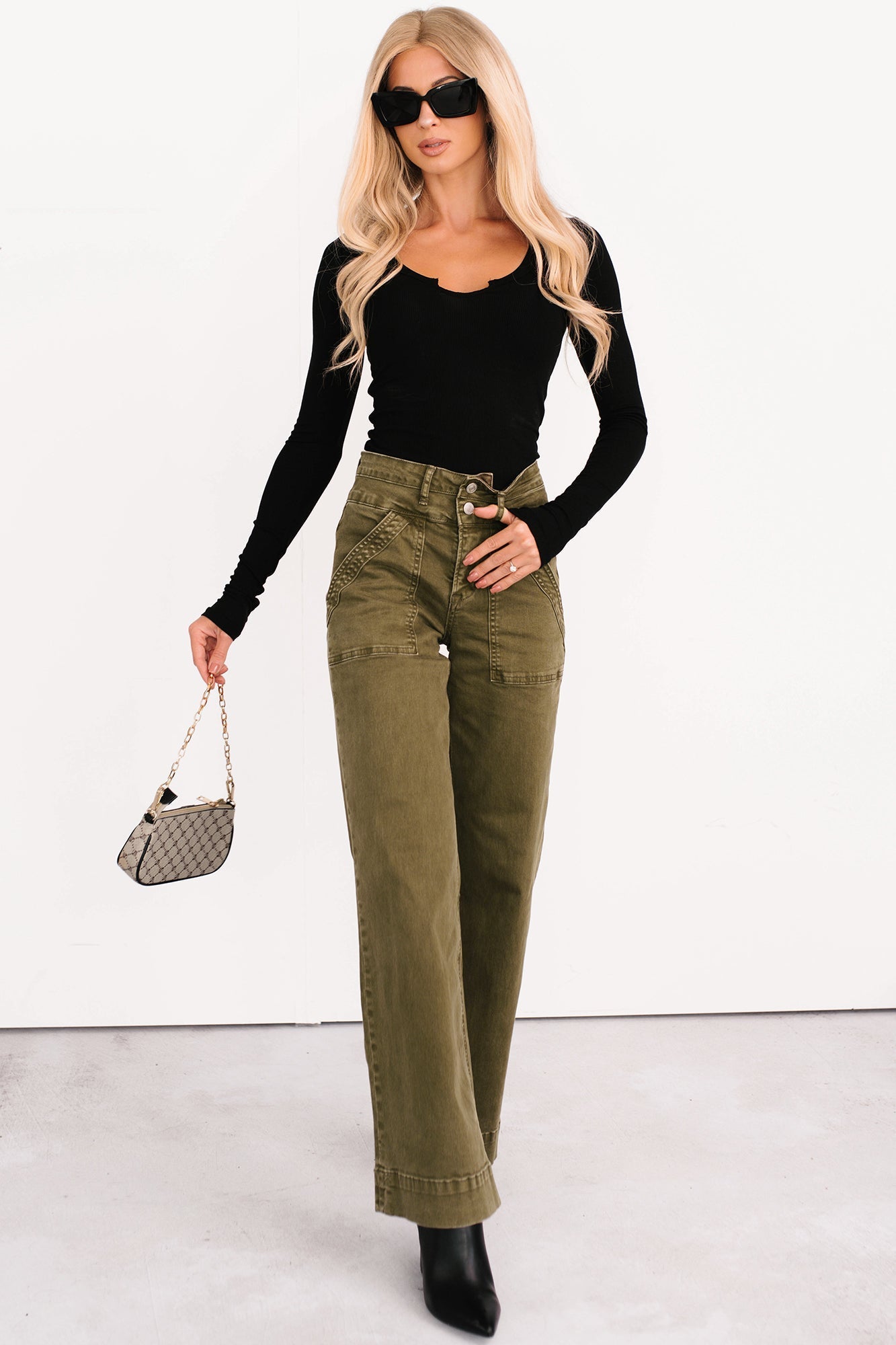 Henley Wide Leg Mica Denim Jeans (Fern Green) - NanaMacs