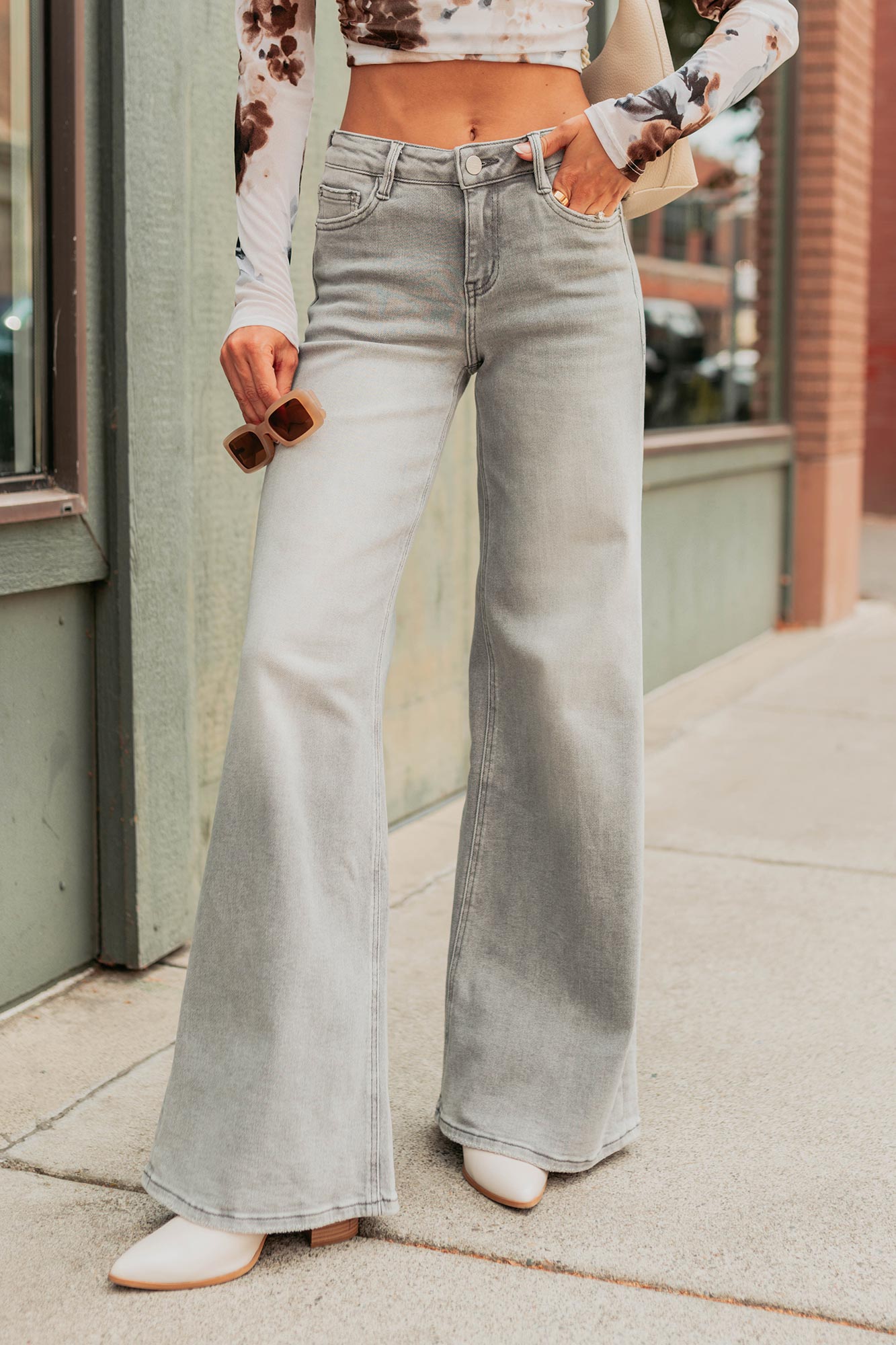 Cecily Mid Rise Wide Leg Mica Denim Jeans (Grey) - NanaMacs