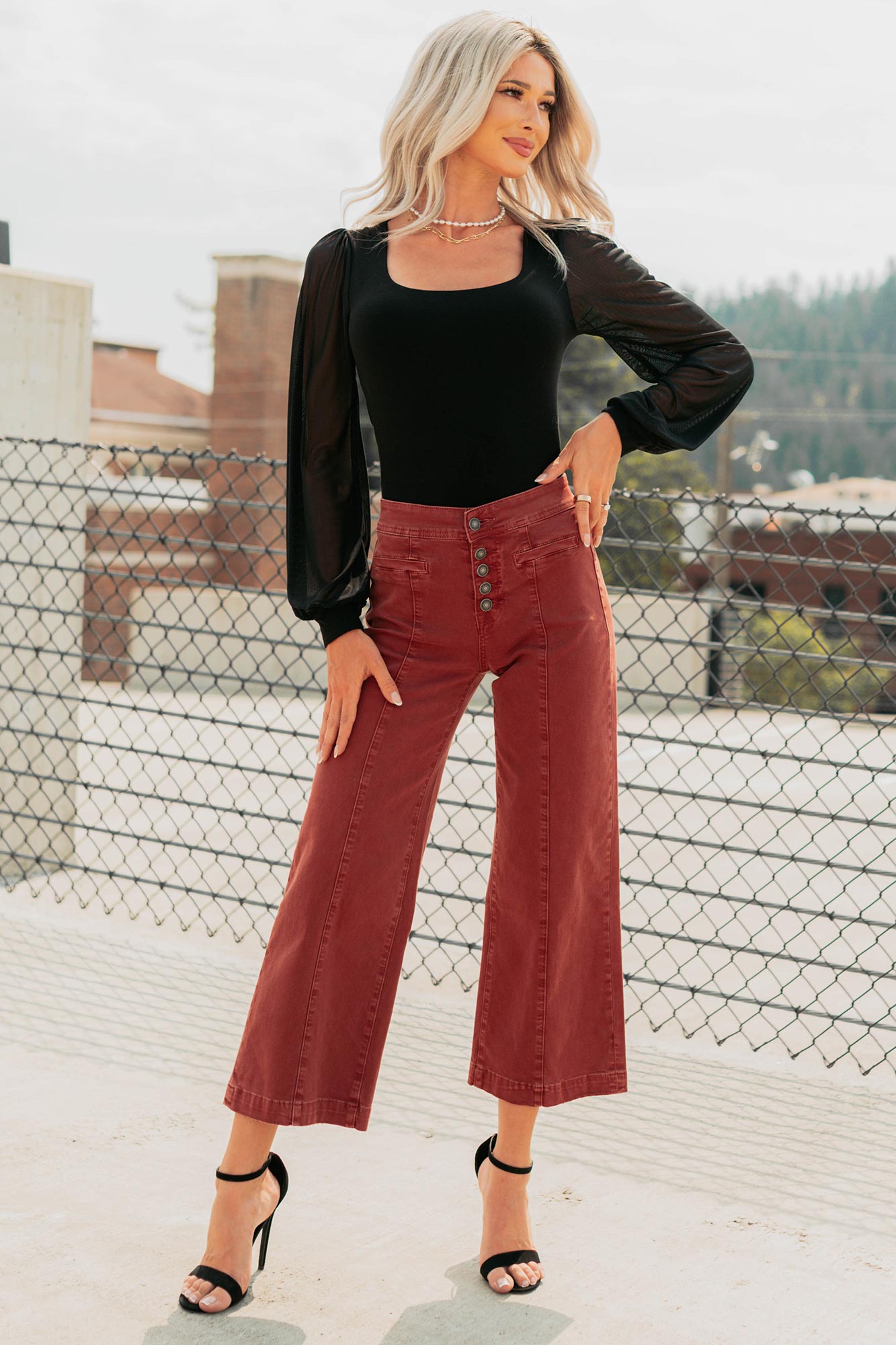 Frances Wide Leg Cropped Mica Denim Jeans (Dark Red) - NanaMacs