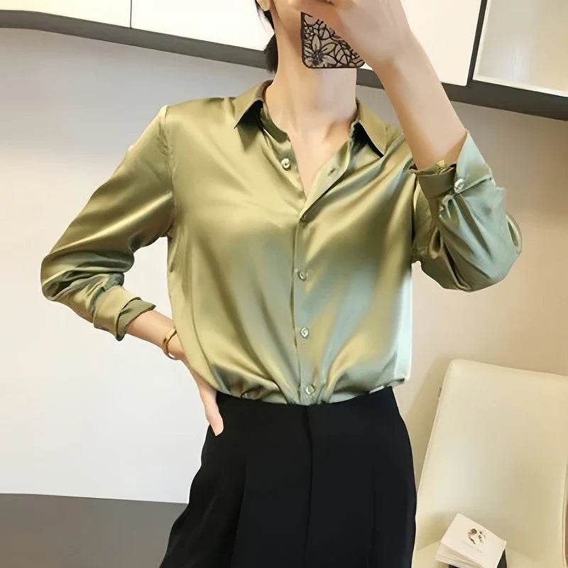 Womens Satin Button Down Blouse Long Sleeve 1 - AngraBech