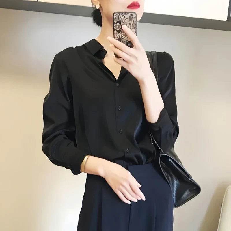 Womens Satin Button Down Blouse Long Sleeve 1 - AngraBech