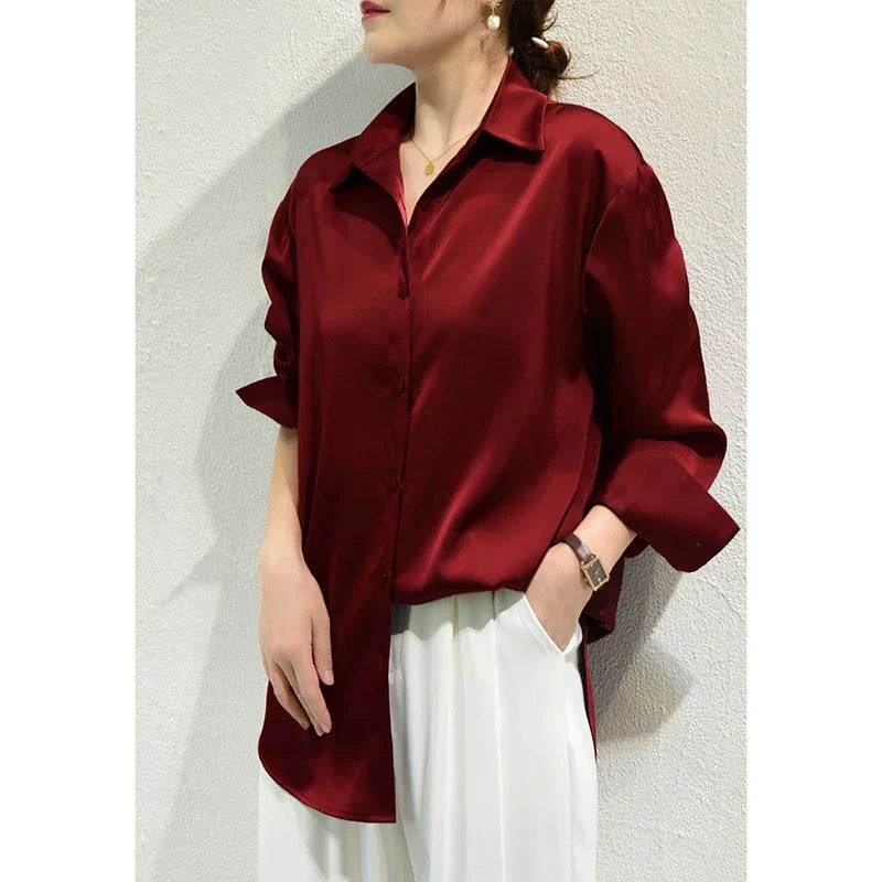 Womens Satin Button Down Blouse Long Sleeve 1 - AngraBech