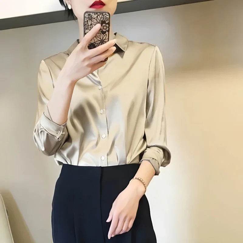 Womens Satin Button Down Blouse Long Sleeve 1 - AngraBech
