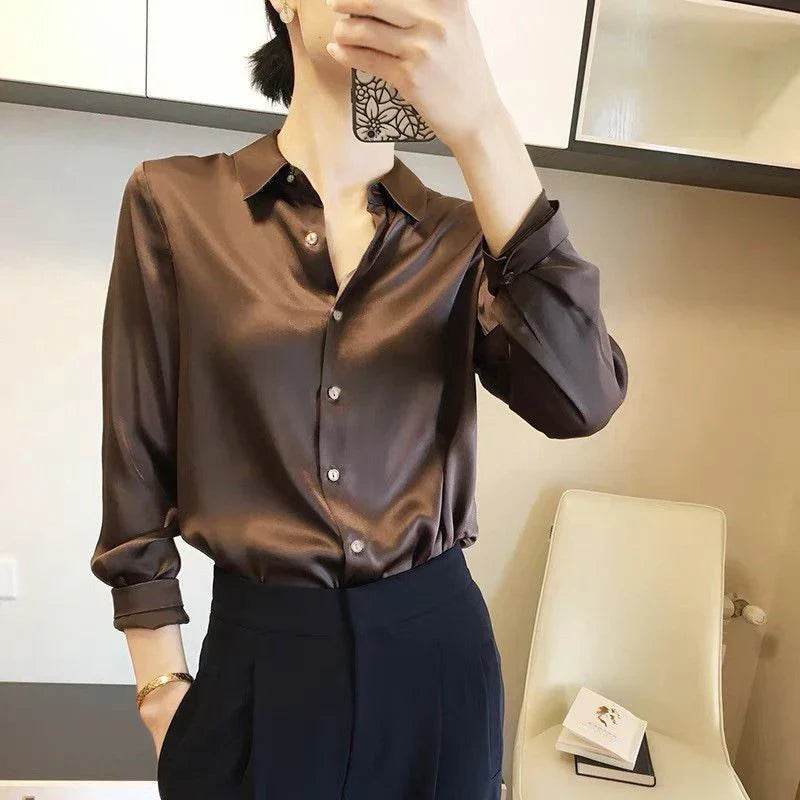 Womens Satin Button Down Blouse Long Sleeve 1 - AngraBech