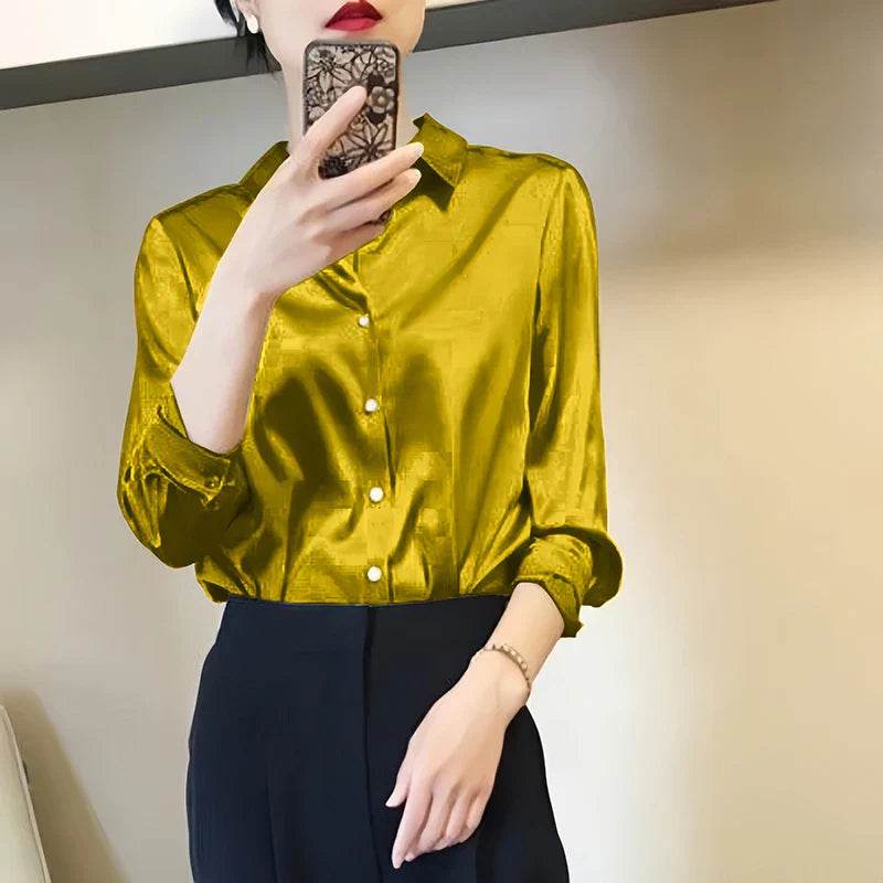 Womens Satin Button Down Blouse Long Sleeve 1 - AngraBech