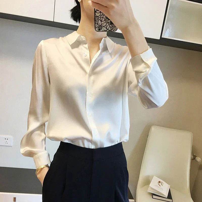 Womens Satin Button Down Blouse Long Sleeve 1 - AngraBech