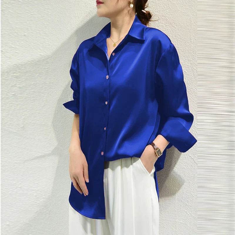 Womens Satin Button Down Blouse Long Sleeve 1 - AngraBech