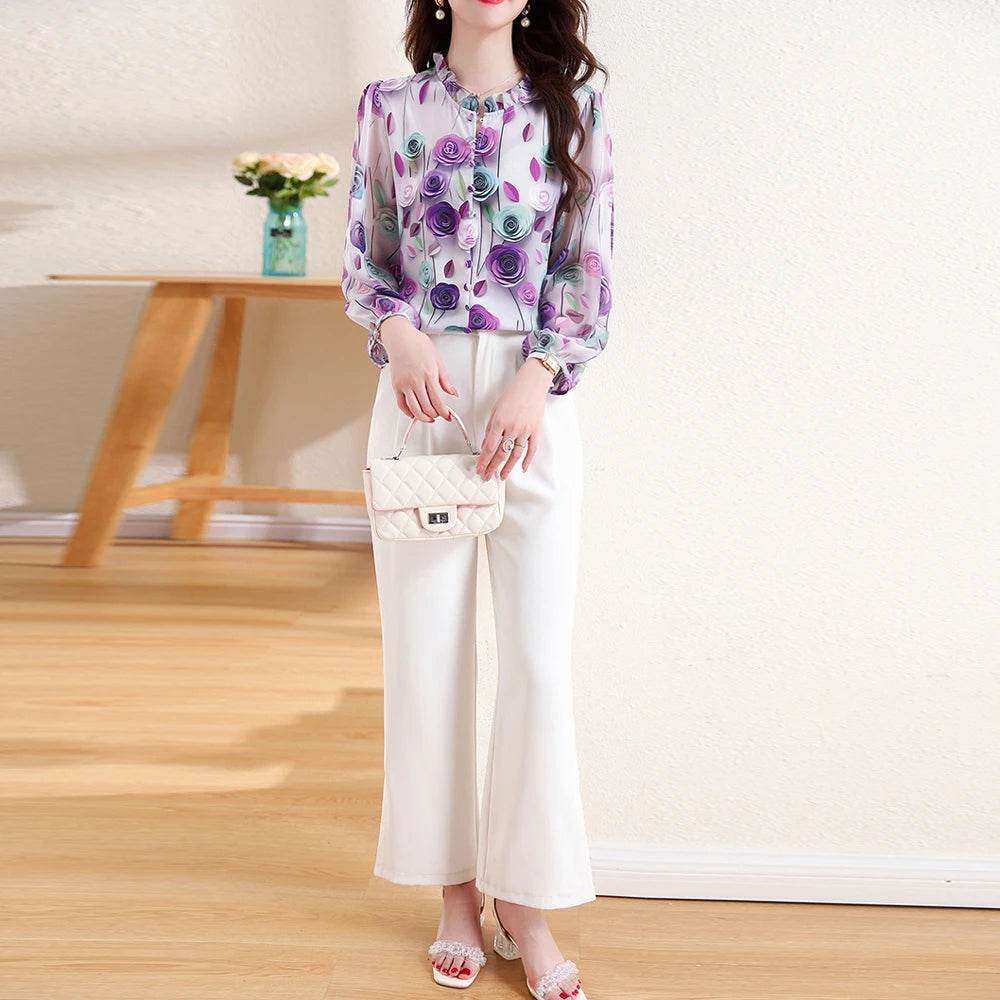 Soft Rose Print Chiffon Blouse - AngraBech