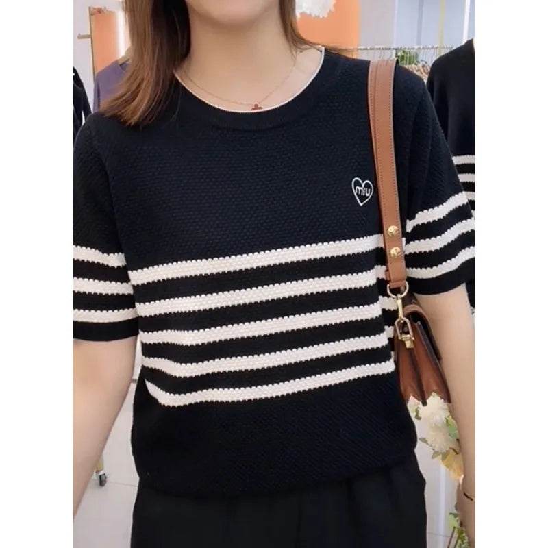 Striped Cashmere Short Sleeve Pullover - AngraBech